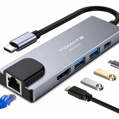 Hub USB C 5 em 1 Tomate MTV-620 HDMI Ethernet Prateado 4 Portas